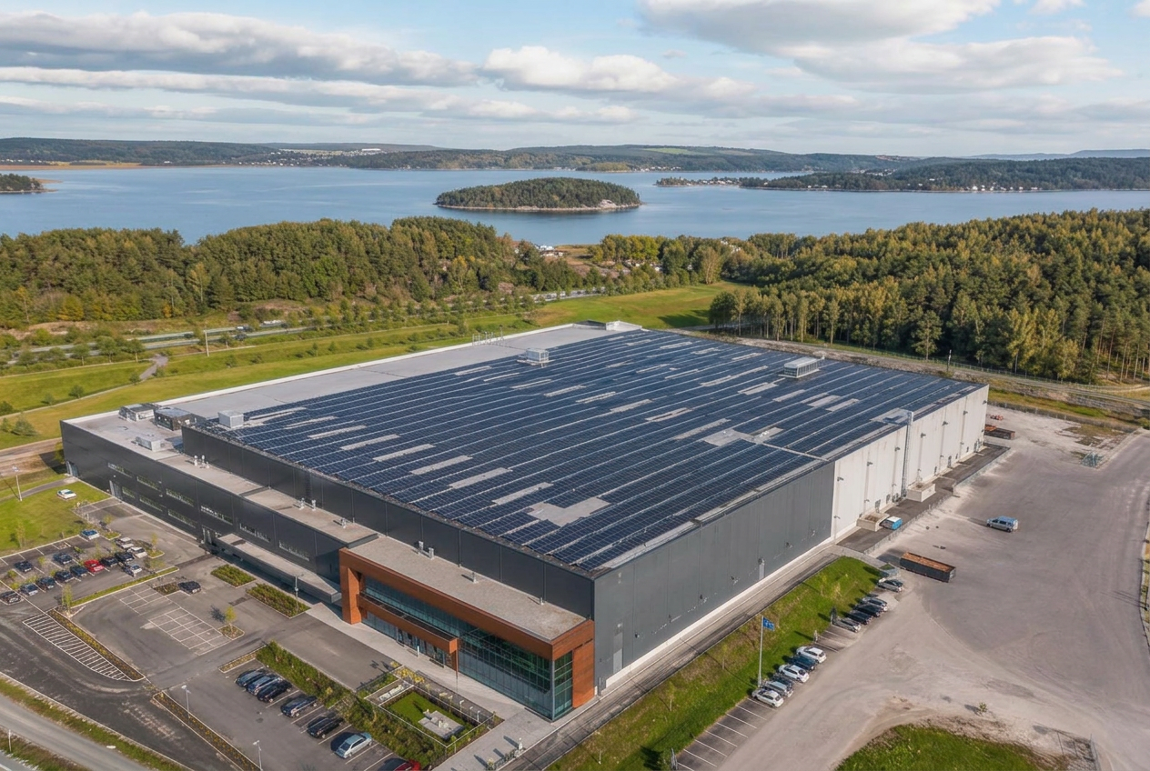 Kommersiellt platt tak med solcellsanläggning i rader